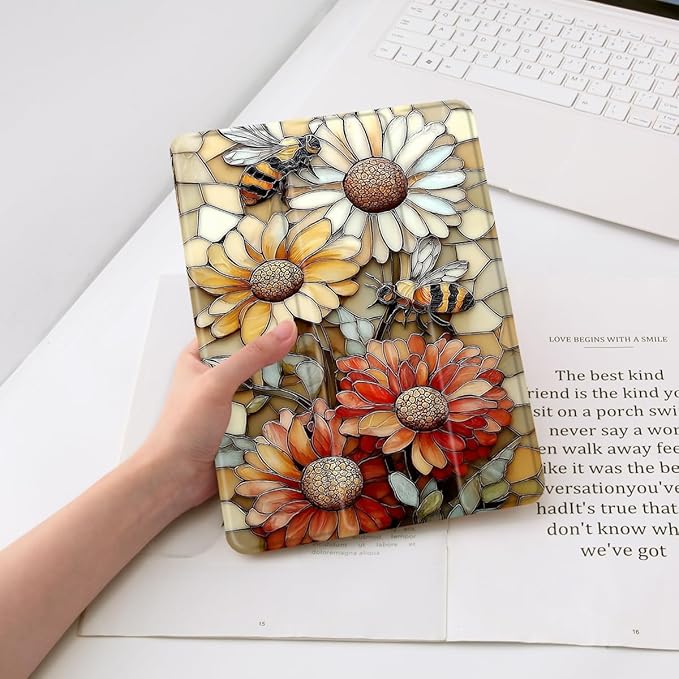 Cute Flower &amp Bee Case for iPad Pro 6th/5th/4th/3rd Gen (2022/2021/2020/2018) 12.9 Inch Sunflower Aesthetic Design Foldable Leather Protective Case Soft Back Cover with Pencil Holder