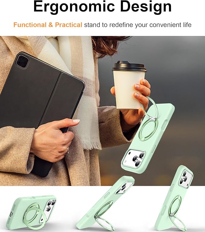 STERKER 360° Rotatable Stand Compatible with iPhone 17 Pro Case with Magnetic [Military Grade Drop Tested][Adjustable Kickstand] Ring Holder Silicone Slim Back Soft Edge Green