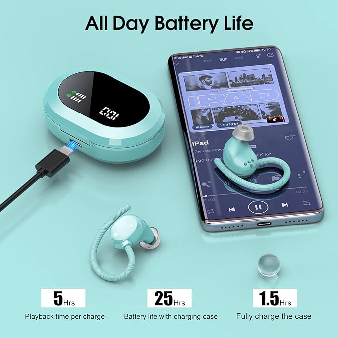Wireless Earbuds 2023 New Ultralight Sport Bluetooth 5.3 Headphones In Ear with LED Display Built-in Mic Earphones IPX7 Waterproof Wireless Headphones with Earhooks for Gym Workout (Blue)