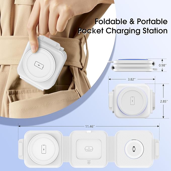 Pocket Wireless Charging Station for Samsung Android Devices Foldable Travel Charger Pad for Samsung S25 S24 S23 Ultra Z Flip Fold 6 Wireless Watch Charger for Galaxy Watch 7/6 for Buds 3 Pro-White