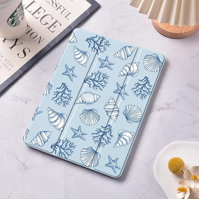 Blue Ocean Seashell Case for iPad Air 13 Inch M2/M3(2024/2025) with Pencil Holder Cartoon Girly Leather Clear Back Shell Foldable Protective Cover