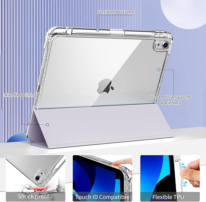 kenke Hybrid Case for iPad Air 11 Inch (M3) 2025 / (M2) 2024 iPad Air 5th/4th Gen 2022/2020 10.9 Inch with Pencil Holder Detachable Cover with Clear Hard Back Shell Auto Sleep/Wake Light Purple