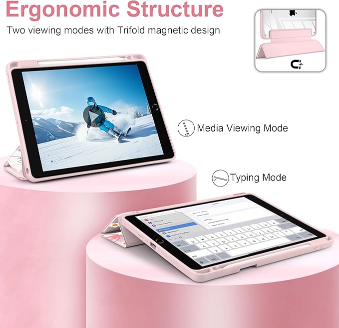 MEEgoodo Case for iPad 10.2 inchTablet Cases for iPad 9th Generation 2021/8th Gen 2020/7th Gen 2019 with Clear Acrylic Back Shell+Pencil Holder+Auto Wake/Sleep+Trifold StandGoose Farm &amp Bows