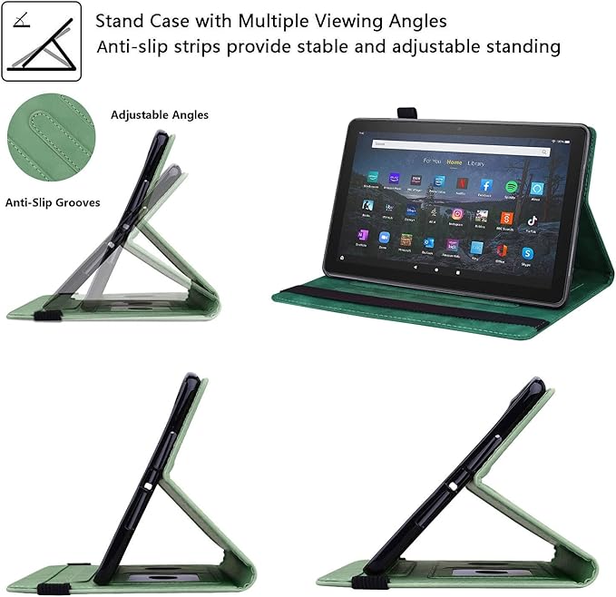 for Amazon Kindle Fire HD 10 &amp Fire HD 10 Plus Tablet Case 13th/11th Generation 10.1 (2023/2021) Folio Stand Embossed PU Leather Wallet Cover with Pencil Holder/Document Card Pockets Green
