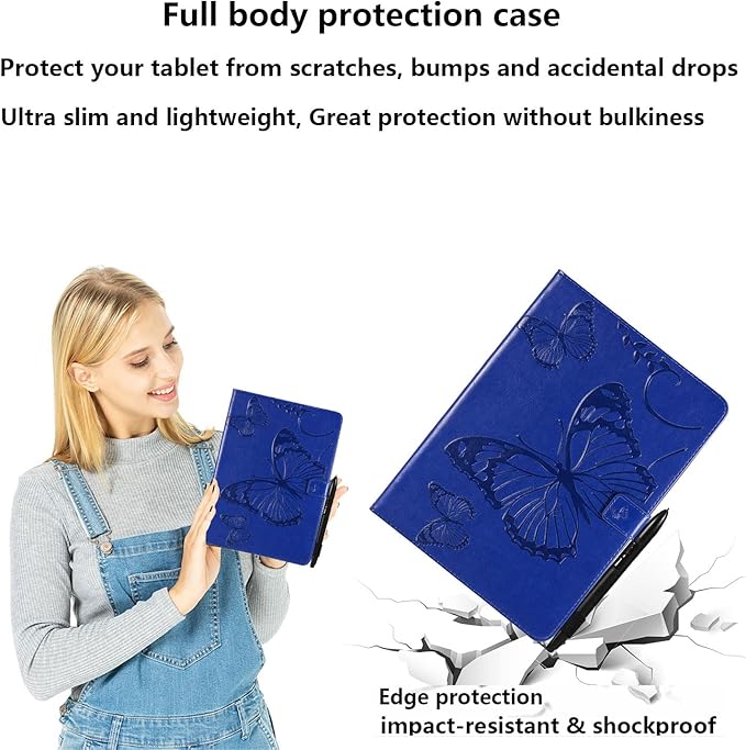 for Kindle Fire HD 10 &amp HD 10 Plus Case 13th/11th Generation 10.1 (2023/2021) Stand Embossed PU Leather Magnetic Wallet Cover with Pencil Holder/Pockets [Auto Wake/Sleep] Blue Butterfly