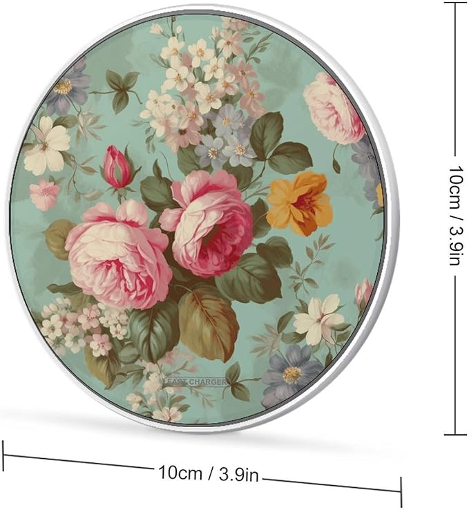 Vintage Floral Flowers Wireless Charger Fast Wireless Charging Pad with USB Cable 10W Anti-Slip Magnetic Wireless Charger Portable Slim Charger Puck Travel Charging Station