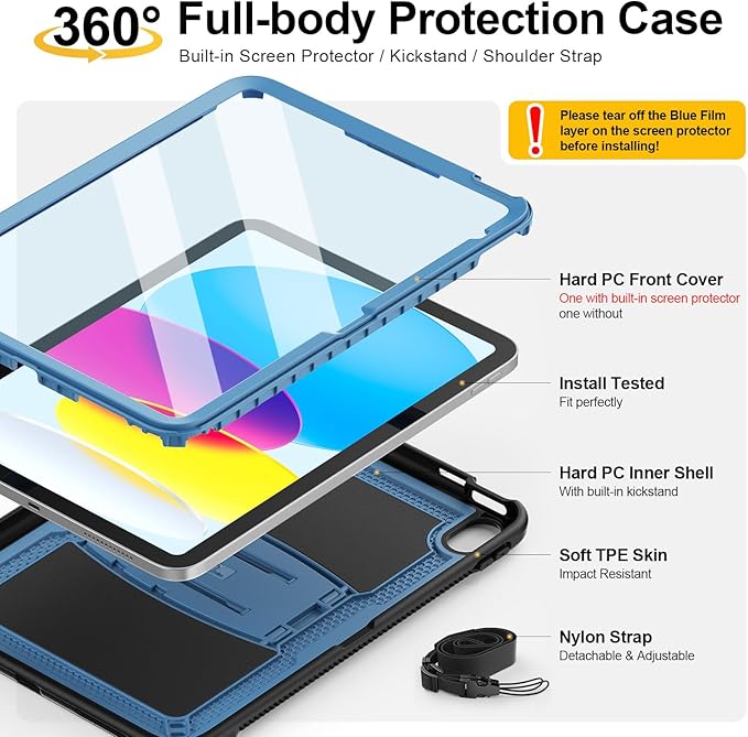SEYMAC stock Case for iPad (A16) 11th/10th Generation 11''/10.9'' 2025/2022 with Built-in Screen Protector Shoulder Strap Built-in Kickstand Rugged Full Body Shockproof Protective Case Navy Blue