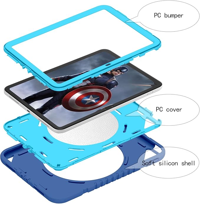 XZC Case for iPad (A16) 11th Generation 11 Inch 2025/ iPad 10th Generation 10.9 Inch 2022 Heavy Duty Shockproof Rugged Cover with Rotating Stand/Pencil Holder/Carrying Shoulder Strap (Blue 1)