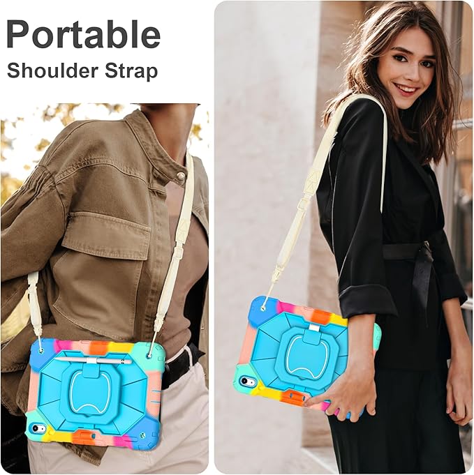 Case for iPad (A16) 11th Generation 11 Inch (2025) iPad 10th Generation Case 10.9 Inch (2022) Shockproof Cover with 360° Rotating Stand Screen Protector Pen Holder Shoulder StrapRainbowBlue