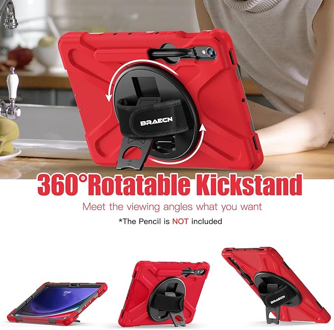 BRAECNstock for Samsung Galaxy Tab S10 Lite/ S10 FE/ S9 FE/ S9/ S8/ S7 5G Case 10.9/ 11 Shockproof Protective Kids Case with Pencil Holder Rotating Hand Strap &amp Stand Shoulder Strap Red