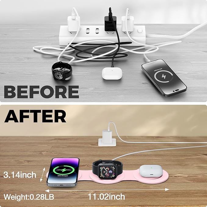 Hicober 3 in 1 Wireless Charging Station for Apple Watch and iPhone Air 17 16 15 14 13 12 Pro Max/Plus Magnetic Foldable Wireless Travel Charger Station Stand for Airpods iWatch All Series Pink