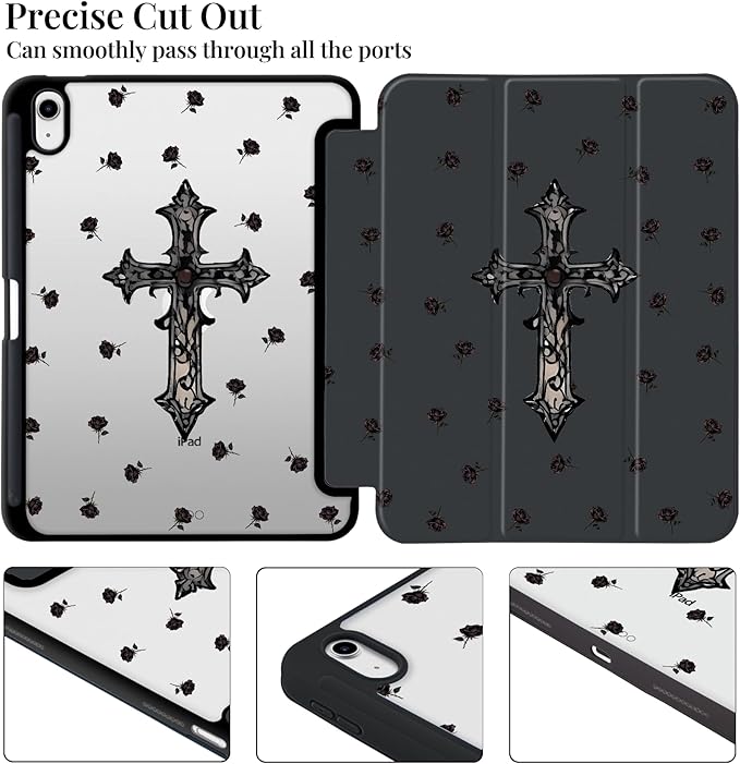 Y2k Printed Case for iPad Pro 11(M5) 2025 6th Gen/(M4) 2024 5th Gen Gothic Dark Rose Cross Clear Hard Back Hybrid Casewith Pencil Holder Trifold Stand Slim Tablet Cover for Women