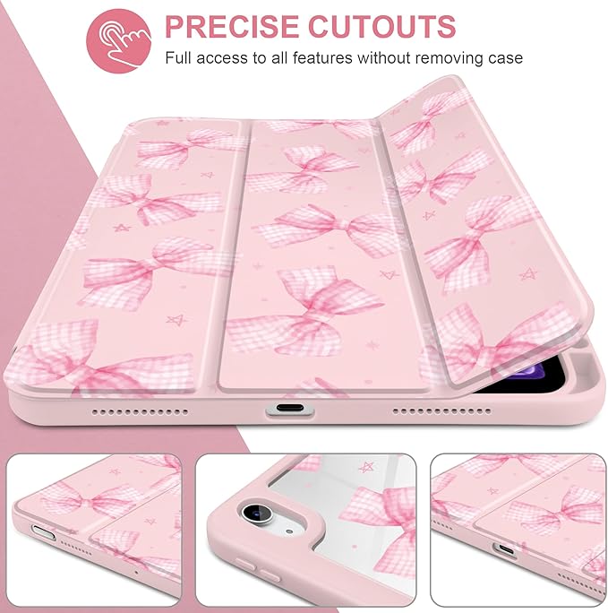 DONGKE Case for iPad Air 11-inch M4 2026 &amp M3 2025 &amp M2 2024 iPad Air 5th/4th Generation 10.9 2022/2020 [Built-in Pencil Holder] Clear Acrylic Back Trifold Stand Smart Cover Gingham Bows