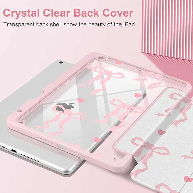 MEEgoodo Case for iPad 10.2 inchTablet Cases for iPad 9th Generation 2021/8th Gen 2020/7th Gen 2019 with Clear Acrylic Back Shell+Pencil Holder+Auto Wake/Sleep+Trifold StandTrendy Bow &amp Hearts
