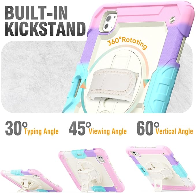 HXCASEAC Kids Case for iPad mini 7 (A17 Pro) iPad mini 6 Case Cute 8.3 inch Full Body Protective with Carrying Strap Hand Strap Stand Protector Pencil Holder A2995 A2993 A2567 A2568 Rainbow Pink