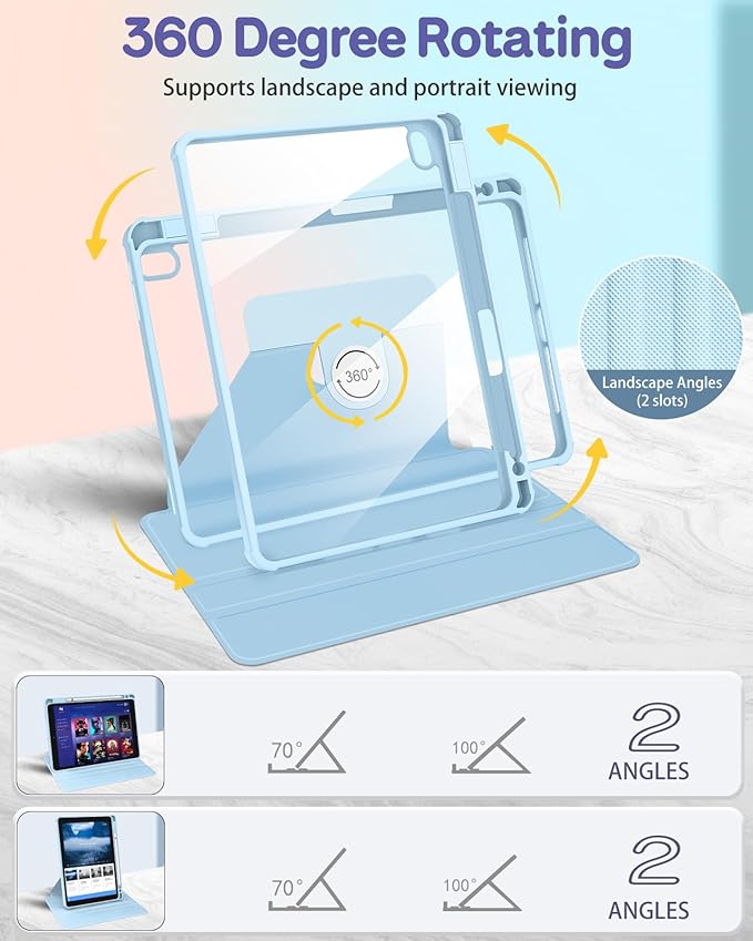 for iPad A16 Case for iPad 10th Generation Case 10.9 inch - 360 Degree Rotating Stand Folio Smart Cover with Pencil Holder for Women Girls Blue &amp White Stripes for Apple 10th 2022/11th 2025