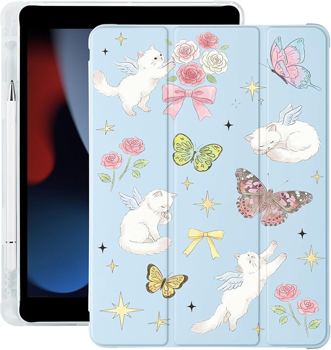 Cute Kitten Cat Butterfly for iPad Pro 11 Inch Case 4th/3rd/2nd Generation 2022/2021/2020 with Pencil Holder Auto Sleep/Wake Blue Leather Soft TPU Back Cover