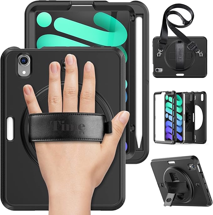 Timecity Case for iPad mini 7 (A17 Pro) 2024/ Mini 6 8.3'' - Heavy Duty Protective Cover with Screen Protector Rotating Stand Shoulder Strap &amp Pencil Holder Case for iPad mini 7th/6th Gen Black