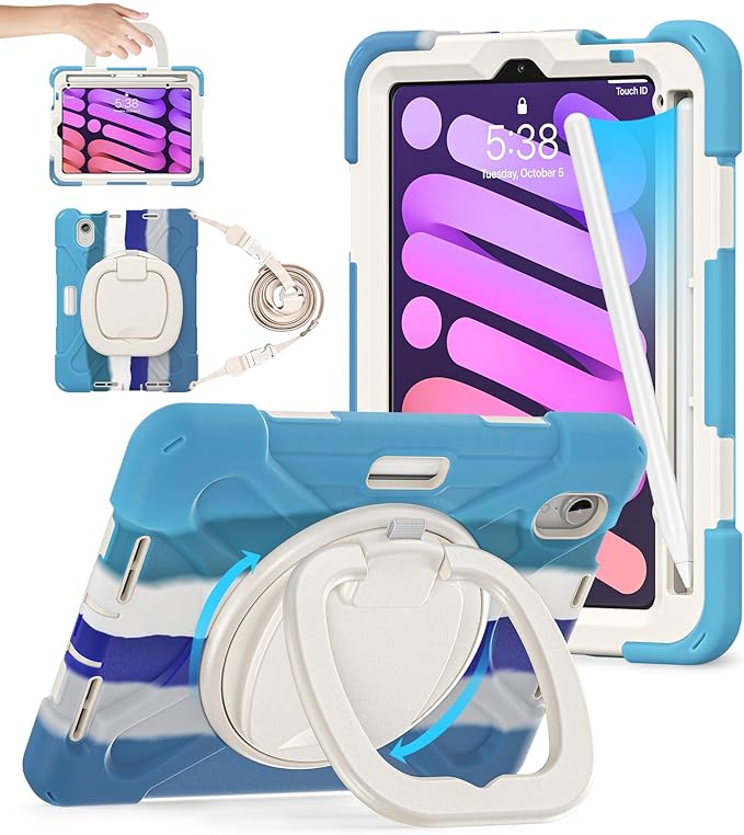 BATYUE Case for iPad Mini 7 A17 Pro 2024/iPad Mini 6 2021 8.3 Inch with Pencil Holder 360 Rotating Stand Shoulder Strap Handle Grip Shockproof Rugged Case for iPad Mini 7th/6th Gen Colourful Blue