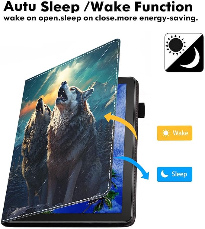 Case for Amazon Kindle Fire 7 Tablet (7 9th/7th Generation 2019/2017 Release) Slim PU Leather Cover with Card Slot &amp Auto Wake/Sleep Wolf Howling