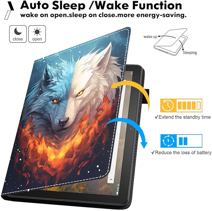Case for Amazon Kindle Fire HD 10 &amp 10 Plus Tablet (13th/11th Generation 2023/2021 Release) 10.1 - Premium PU Leather Stand Cover with Smart Auto Wake Ice Wolf and Fire Wolf Combined