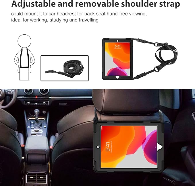 ProCase Rugged Case for iPad 9th/ 8th/ 7th Generation 10.2 (2021/2020/2019) Heavy Duty Shockproof Protective Cover with Strap for iPad 9/8/7 -Black