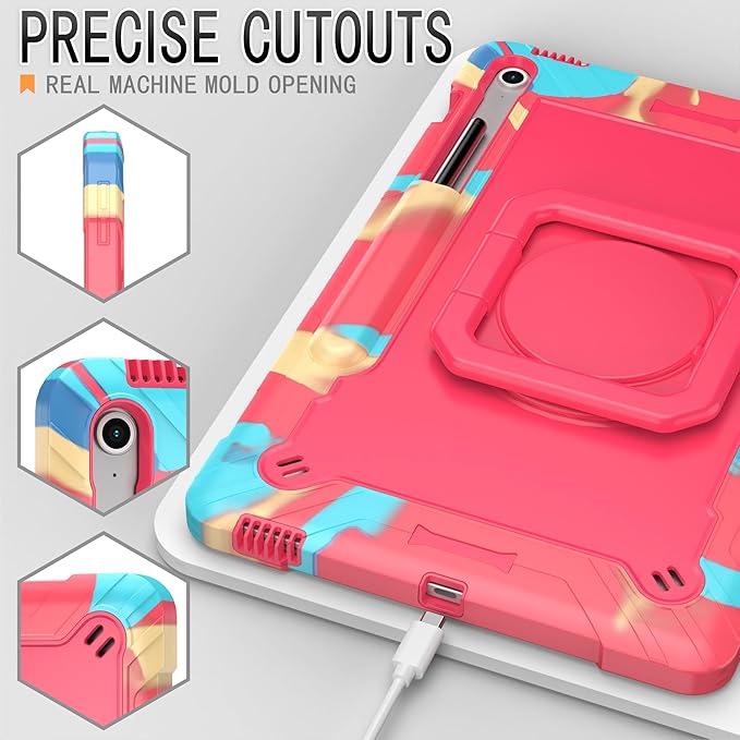 DETUOSI Case for Samsung Galaxy Tab S10 FE Plus 13.1 inch 2025 with Pencil Holder Heavy Duty Shockproof Case with Rotatable Stand &amp Shoulder Strap Camouflage Rose Red