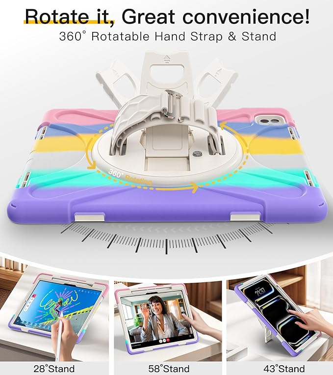 BRAECN for iPad Pro 13 inch Case M5 2025 &amp M4 2024 Heavy Duty Shockproof Protective with Pencil Holder Screen Protector 360°Rotating Stand Handle &amp Shoulder Strap Full Body Cover Kids Friendly