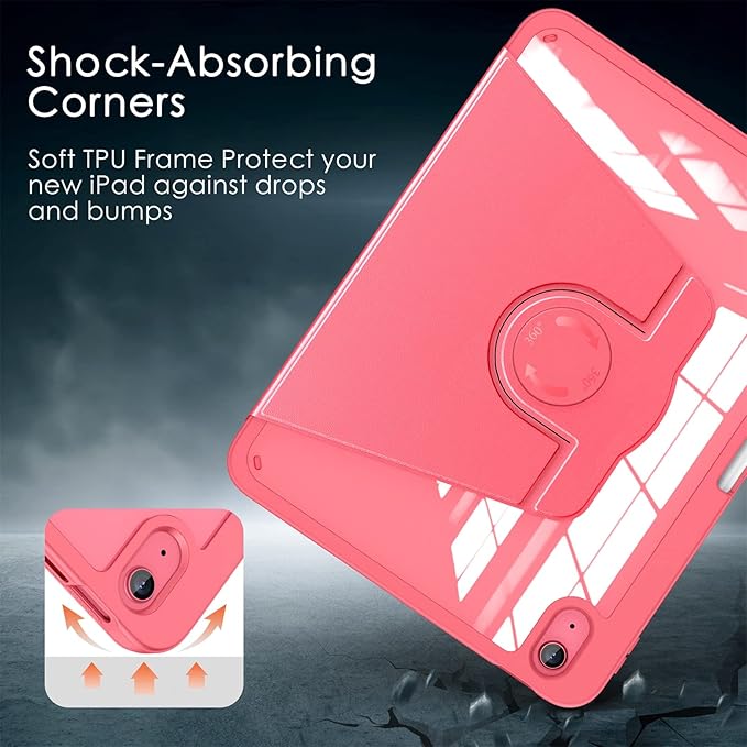 Soke Rotating Case for iPad (A16) 11th Generation 2025 iPad 10th Gen 2022 with Pencil Holder [Shockproof + Auto Sleep/Wake] 360 Degree Rotation Clear Back for iPad 11/10.9 - Watermelon