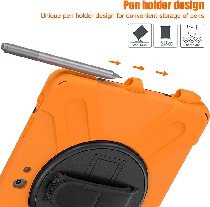 ZenRich Rugged Case for Surface Go with Pen Holder Heavy Duty Shockproof Case with Stand Hand Strap and Shoulder Belt - Orange