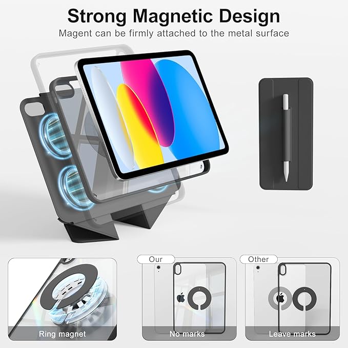for iPad A16 Case 11th Generation 11 Inch 2025 for iPad 10th Generation Case 10.9 Inch 2022 with Pencil Holder Folio Stand Cover Clear Back Magnetic Attachment Multi Angles Black
