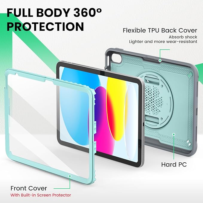 SEYMAC for iPad (A16) 11th/10th Generation Case 2025/2022 (11″/10.9″) Full-Body Shockproof Protective Case with Screen Protector 360° Rotating Stand and Hand/Shoulder Strap Light Blue/Grey