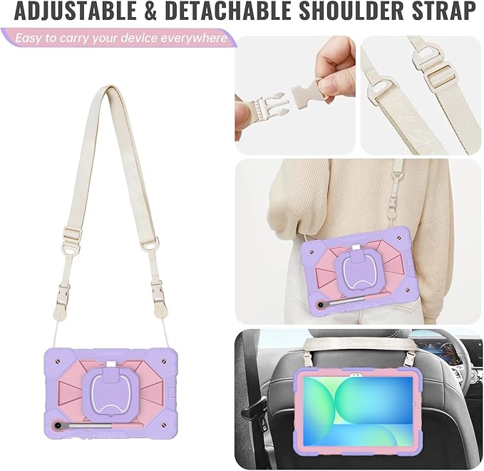 Case for Samsung Galaxy Tab S10 Lite/S10 FE/S9 FE 10.9 Inch Galaxy Tab S9 11 Inch Cute Rugged Galaxy S10 Tablet Cover w/Pen Holder Rotating Stand Shoulder Strap for Kids Girls Purple Rose