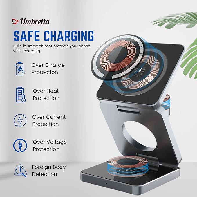 2025 New 3 in 1 Fast Magnetic Foldable Wireless Charger Aluminum Charging Stand Dock iPhone 12/13/14/15/16/17 Mini Pro Max/Airpods 23 Pro/Pro 2 &amp Smart Watches Ultra/SE/10/9/8/7/6/5/4/3/2/SE (Bla