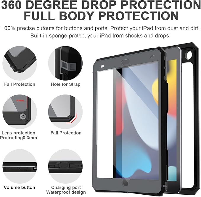 AICase 10.2 iPad 9th/ 8th/ 7th Generation 2021/2020/ 2019 IP68 Waterproof Case with Lanyard Built-in Screen Protector Rugged Waterproof Shockproof Case for Apple ipad 10.2 iPad 9th 8th &amp7th Gen
