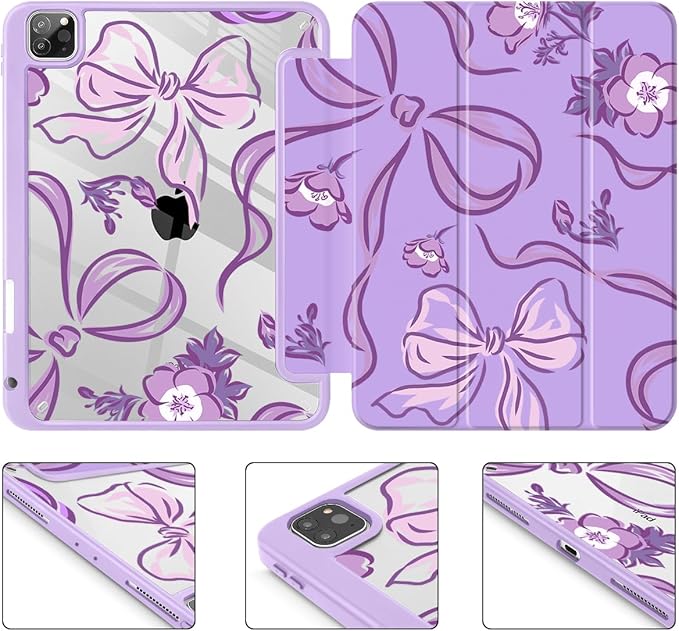 Mektron Case for iPad Pro 11 inch (4th 3rd 2nd &amp 1st Gen) 2022 2021 2020 2018 Buit in Pencil Holder with Shockproof Cover Clear Shell + Auto Wake/Sleep Flowers-Bows-Purple