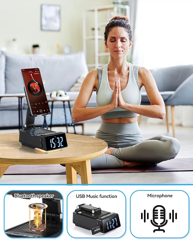 Father's Day Gifts for Dad Birthday Gifts for Men 7 in 1 Phone Stand Bluetooth Speaker with Alarm Clock Wireless Charger Light USB Playback &amp Hands-Free Calling