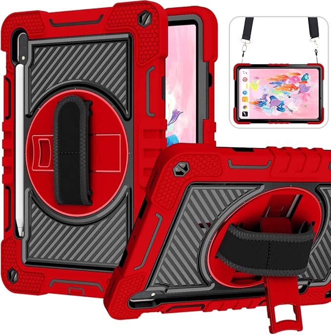 Shockproof Case for Samsung Galaxy Tab S8 2022/S7 2020 11 Tablet with Shoulder Strap Techcircle Heavy Duty Rotating Kickstand Rugged Defender Protective Case with Adjustable Hand Strap Red