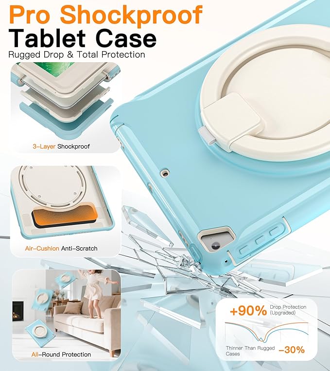 BATYUE Case for iPad 6th Generation 9.7 inch 2018 iPad 5th Gen 2017 iPad Air 2/ iPad Pro 9.7''Shockproof Protective Cover with Pencil Holder &ampRotating Kickstandfor KidsBoysGirls (Frozen Blue