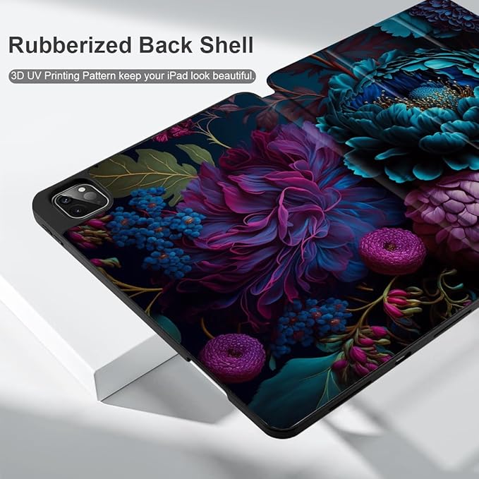 MEEgoodo for iPad Pro M2 12.9 Case 6th/5th/4th/3rd Generation 2022 2021 2020 2018 with Pencil Holder Tablet Cover with TPU Back Shell Beautiful Fantasy Flower