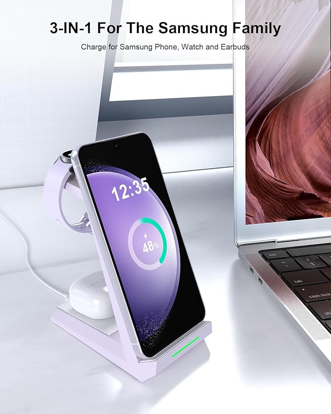 Wireless Charger for Samsung - NANAMI 3 in 1 Charging Station for Multiple DevicesFast Charger Stand Dock for Galaxy S26 S25 S24 S23 Ultra S22 S21 Z Flip FoldGalaxy Watch 5/5 Pro/4/3Galaxy Buds Pro