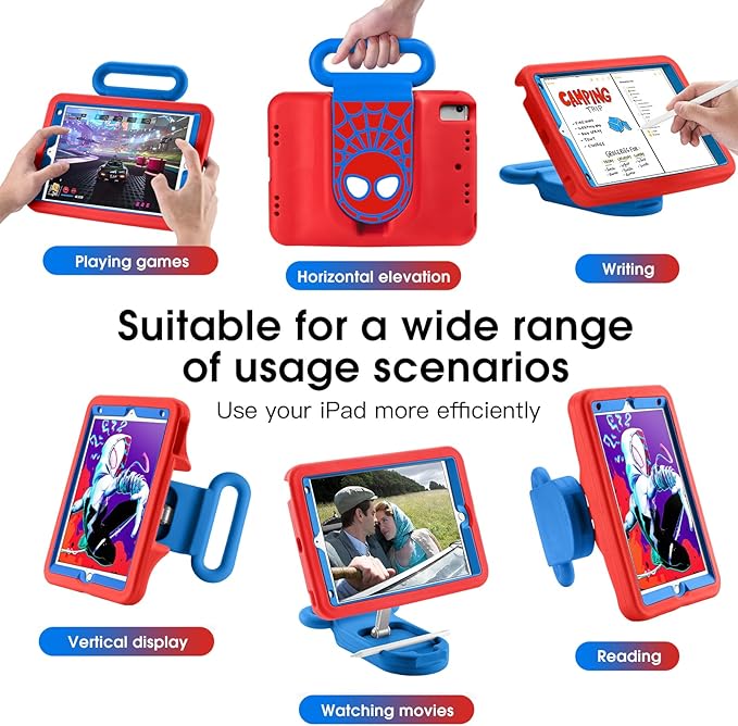 Kids Case for iPad 7th/8th/9th GeniPad 10.2 inch 2021/2020/2019 Case with Adjustable Portrait Landscape Stand HandleHeavy Duty Protective Kids Child Friendly Cover for iPad 10.2 inch. (Red-Blue)