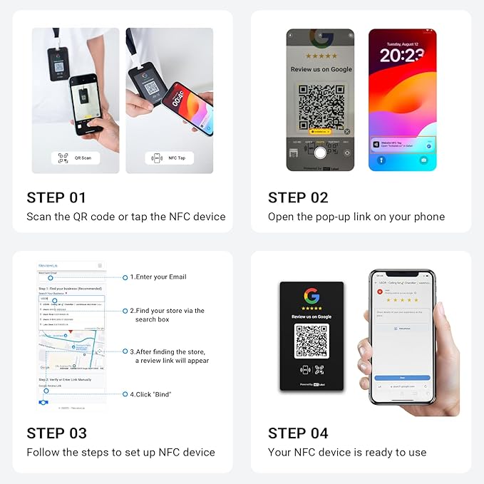 HotLabel Review Card 5-Pack + For Boosting Business Reviews + Black + NFC Tap &amp QR Code + Supports 5 Different Stores or Same + All Phones Compatible + No App/Subscription