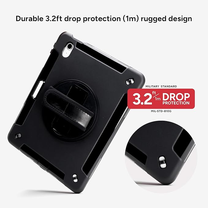 ZAGG Rugged Tablet Case for iPad 11 (A16)/ 10.9-inch (Gen. 10) - Protective 360° Rotating Hand Strap Integrated Kickstand Drop-Proof Ideal for Business Warehouse and Field Use Black