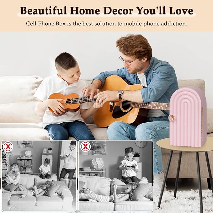 Phone Box for Family Time Bamboo Cell Phone Jail 3 Sections Hold 6 Phones with Charging Holes Phone Holder Self-Discipline Box Help Kids Adults Focus Back Mobile Phone Addiction (Pink)