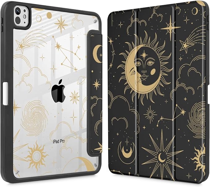 Tuiklol for iPad Pro 11 Inch (M5 2025 / M4 2024) Case Buit-in Pencil Holder with Slim Clear Back Cover Protection Trifold Stand-Auto Wake/Sleep Tablet Case Black Flower Moon &amp Star