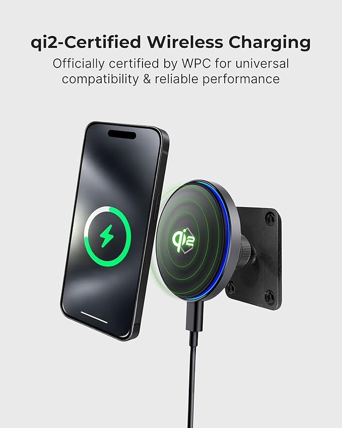 MagSwitch Qi2 Magsafe Car Mount Charger - Magnetic Cell Phone Holder with AMPS Plate Mount 15W Fast Charger with a Built in On/Off Switch for Charging Compatible with iPhone &amp Samsung