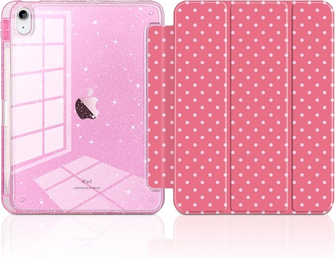 DONGKE for iPad Case 9th/8th/7th Generation 10.2 Inch (2021/2020/2019) Shockproof Glitter Acrylic Back with Trifold Stand Pencil Holder &amp Auto Sleep/Wake - Dark Pink Polka Dot