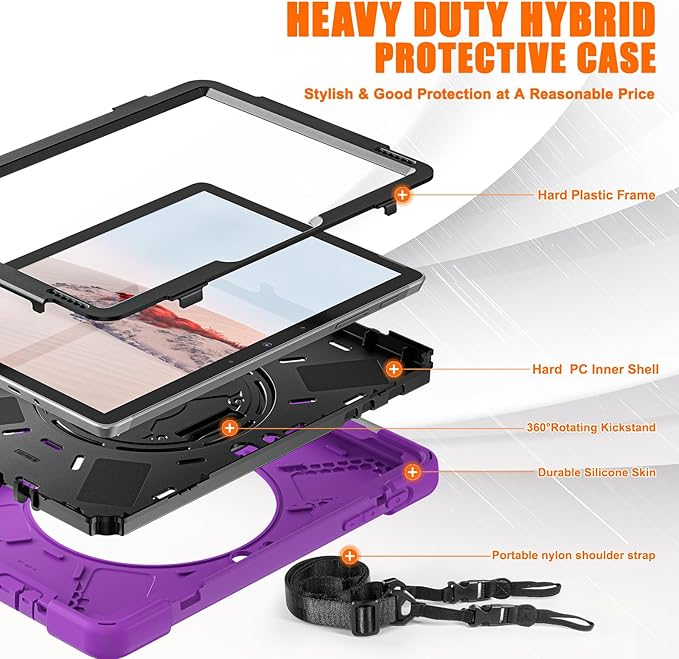 ZenRich Rugged Case for Surface Go 4 (2023)/Surface Go 3 (2021)/ Surface Go 2 (2020) Surface Go (2018) with Pen Holder Heavy Duty Shockproof Case with Stand Hand Strap and Shoulder Belt-Purple