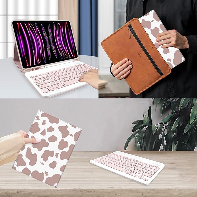 TopPerfekt for iPad Pro 11 4th/3rd/2nd/1st Gen (2022/2021/2020/2018) Keyboard Case Magnetically Absorbent Auto Sleep/Wake Support 2nd Gen Pencil Wireless Charge with Pencil Holder - Brown Cow